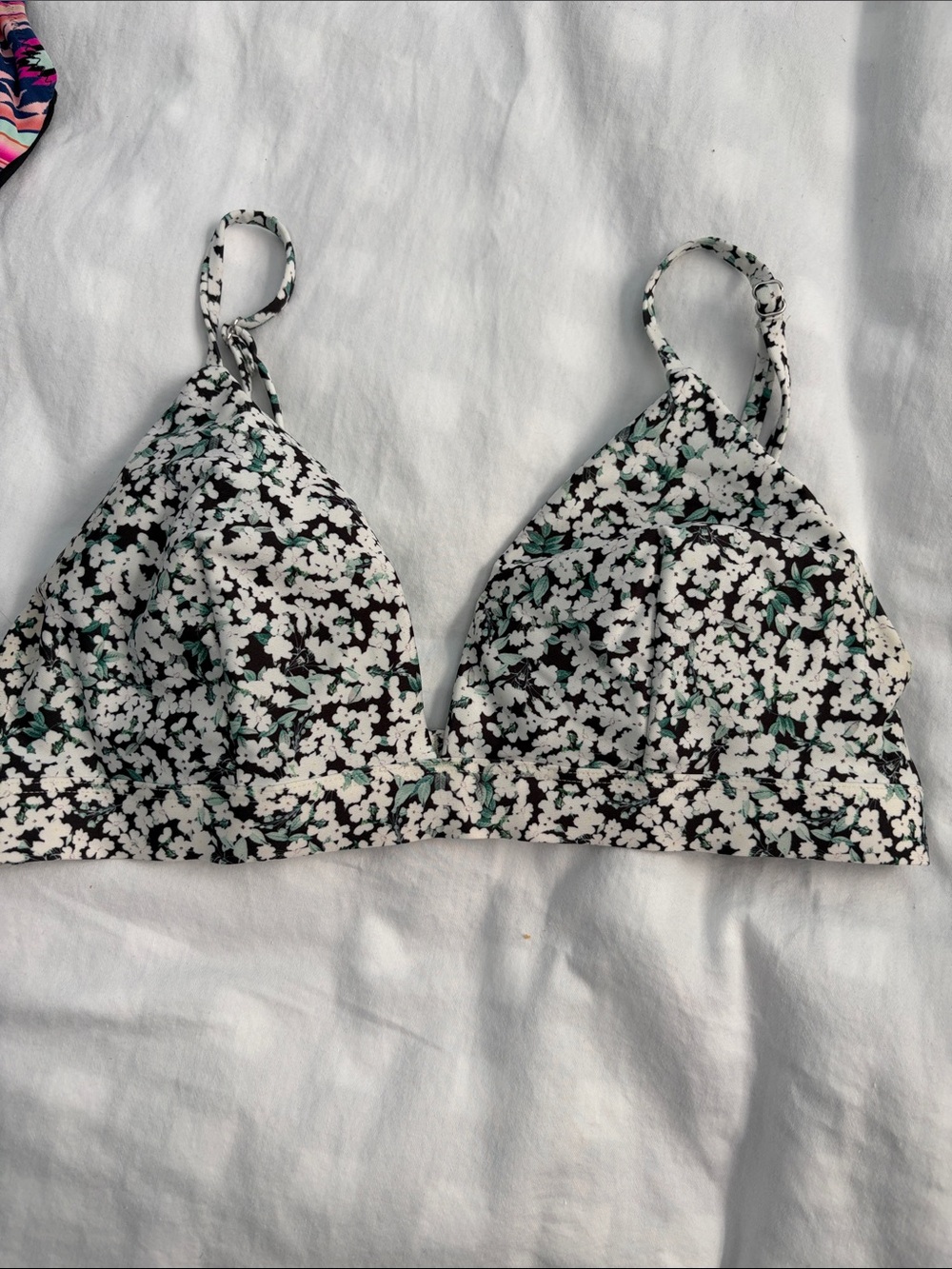 H&M Floral Wireless Triangle Bralette - Black & White with Green Accents